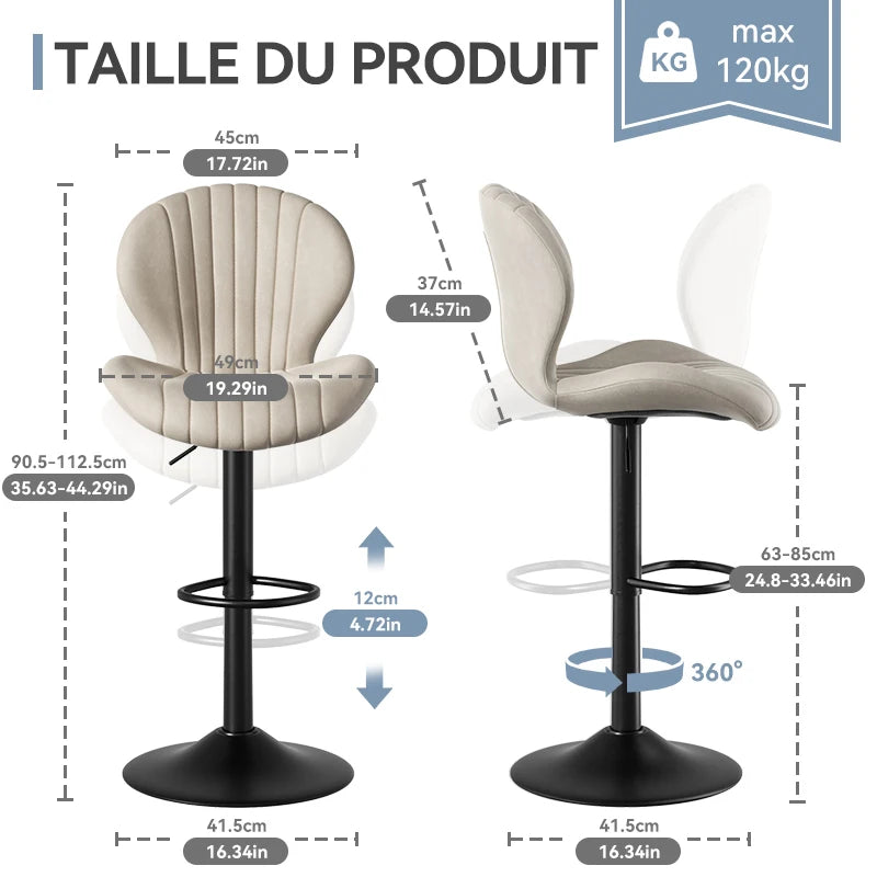 Chaise de bar 2 pièces, 360 °   Rotation, hauteur réglable, cuir artificiel rembourré avec dossier, adapté à la salle à manger