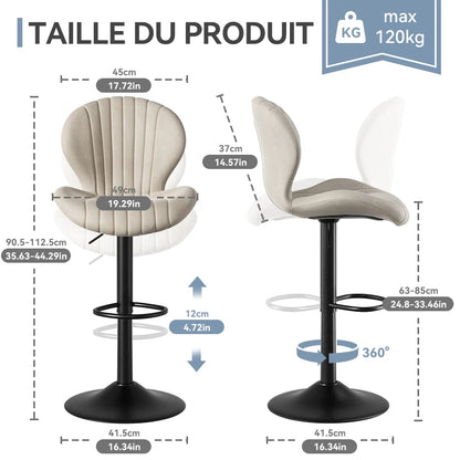 Chaise de bar 2 pièces, 360 °   Rotation, hauteur réglable, cuir artificiel rembourré avec dossier, adapté à la salle à manger