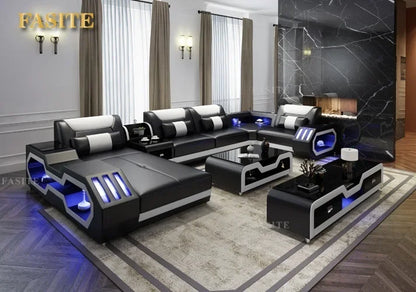Modern Living Room Sofa Set Genuine Leather Sofas with USB Music Speaker