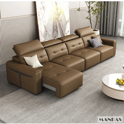 Genuine Leather Electric Convertible Sofa Bed with Adjustable Headrest, Multifunctional Folding Sofa Beds for Cinema Living Room