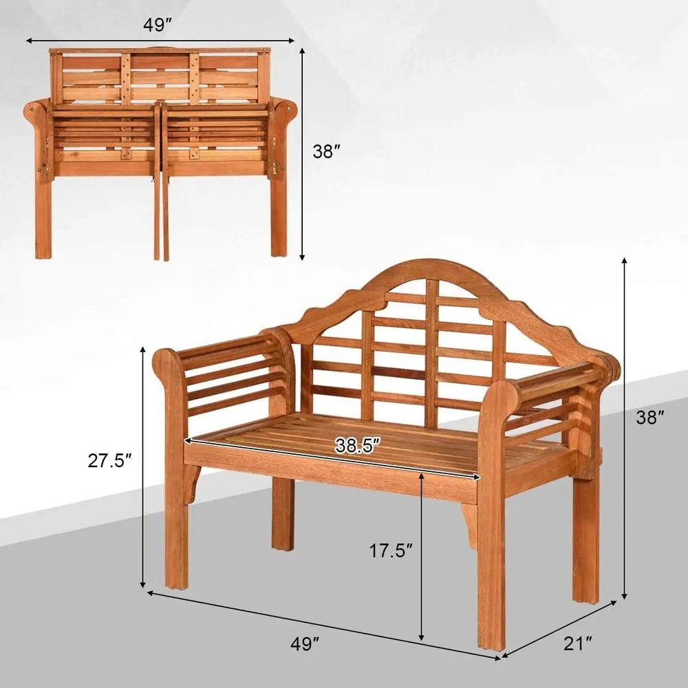 Outdoor Wood Bench, 4 Ft Foldable Eucalyptus Garden Bench, Two Person Loveseat Chair Solid with Curved Backrest and Armrest Idea