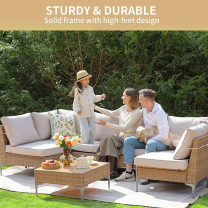 5 Piece Wicker Patio Furniture Set,Outdoor Conversation Sectional Sofa w/Coffee Table,All-Weather Outdoor Sofa, Customized
