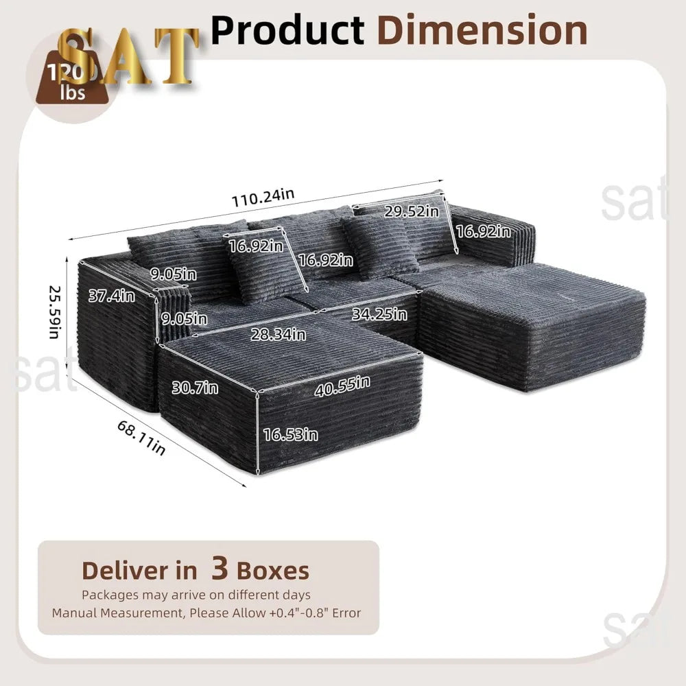 110" Modular Sectional Couch with 2 Movable Ottoman, Cloud Sofa Couches for Living Room, U Shaped Deep Seat Boneless Sofa