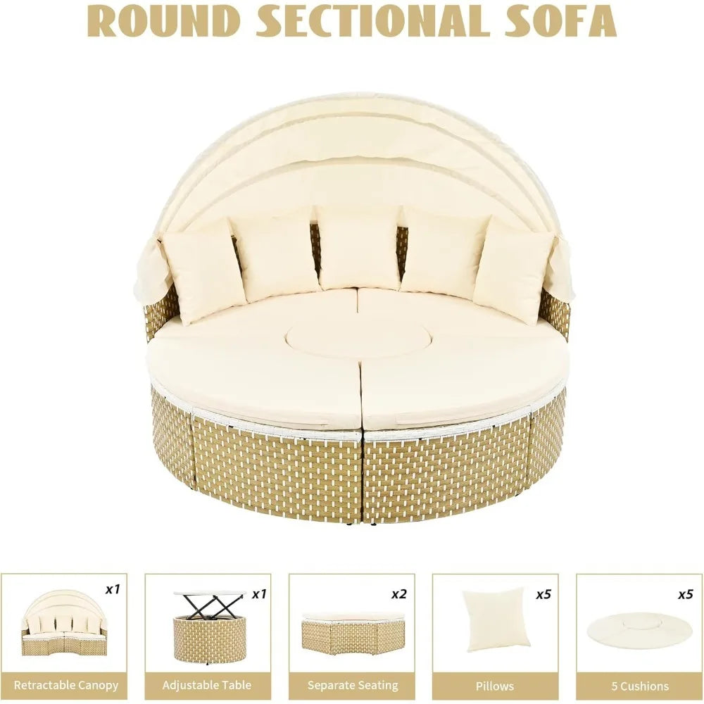 Outdoor Round Rattan Daybed with Retractable Canopy and Adjustable Table Patio Furniture Set Beige