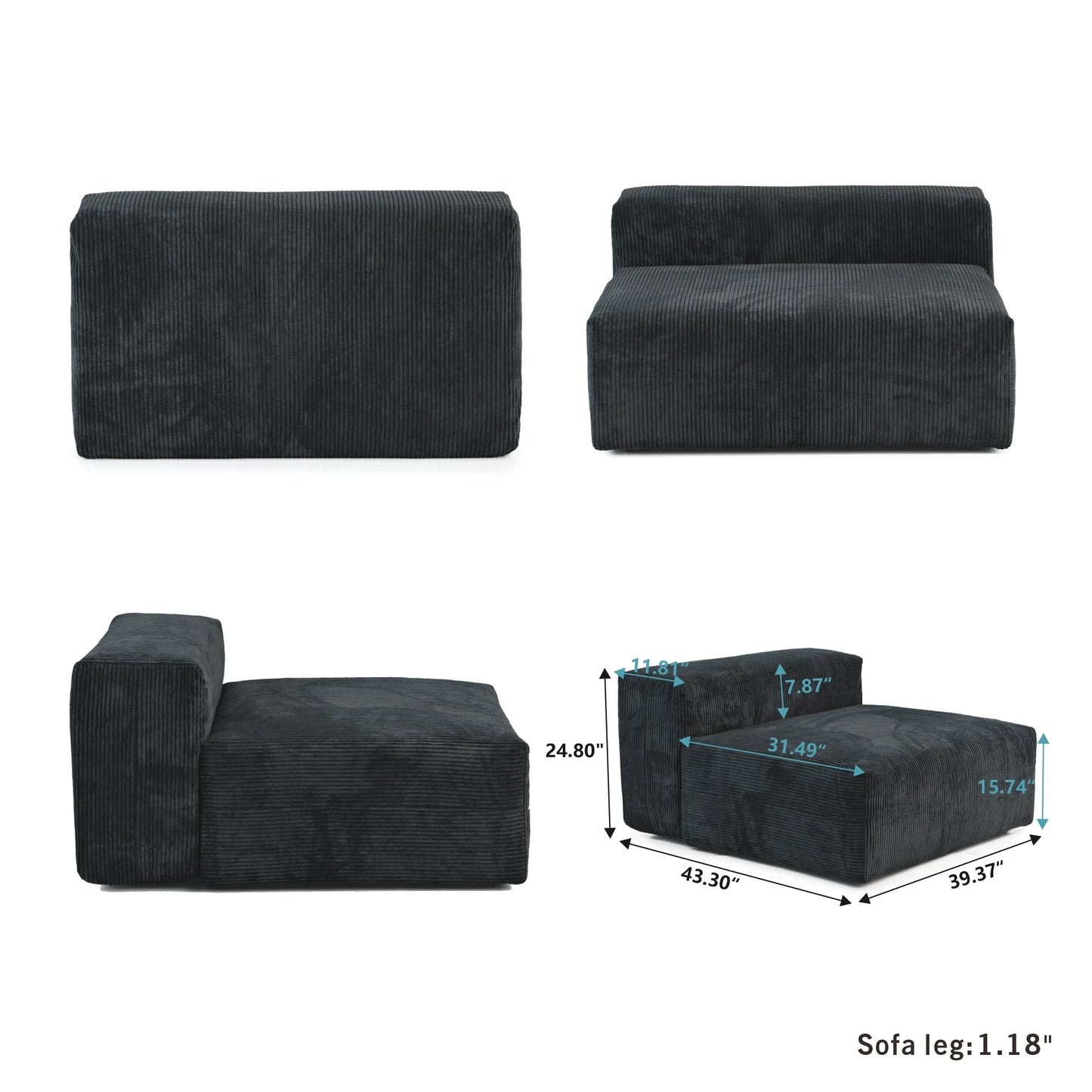 Modern Corduroy Fabric Sectional Couch with 4 Pillows 102" L-Shaped Sofa with Chaise Ottoman Hardwood Frame Sofa for Living Room