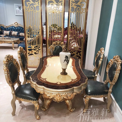 European oval 1.8 meters long dining table and chairs combination villa solid wood carving flower atmosphere dining table