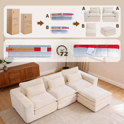 109" L Shape Modular Sectional Sofa with Ottoman, Boneless Couch Three-Layer Deep 3 Seat Convertible Pull Out Sofa, Customized