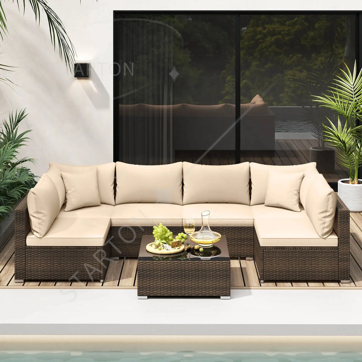 Hot Sale Item 7 PCS Patio Rattan Furniture Set Sectional Sofa Cushioned Garden Brown