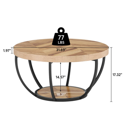 Tribesigns 31.7" Round Coffee Table, Industrial 2-Tier Circle Coffee Table with Storage Shelves, Modern Wooden Sofa Side Table