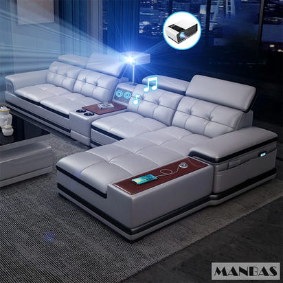 Linlamlim Luxury Genuine Leather Sectional Sofa with Adjustable Headrests, Projector, Speaker and Storage for Living Room Couch
