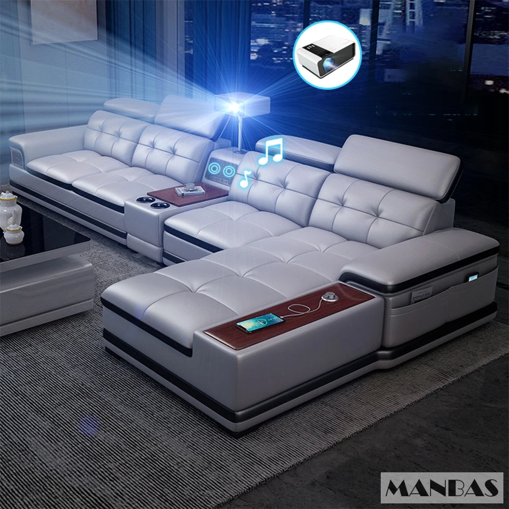 Linlamlim Luxury Genuine Leather Sectional Sofa with Adjustable Headrests, Projector, Speaker and Storage for Living Room Couch