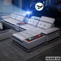 Linlamlim Luxury Genuine Leather Sectional Sofa with Adjustable Headrests, Projector, Speaker and Storage for Living Room Couch