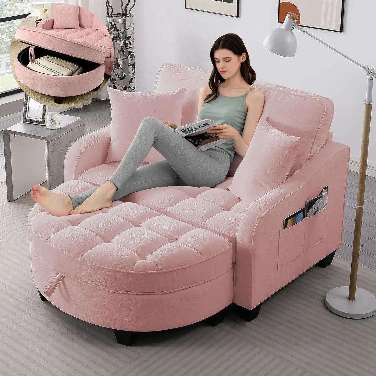 Oversized Curved Chaise Lounge Chair Indoor with Ottoman, 54.8