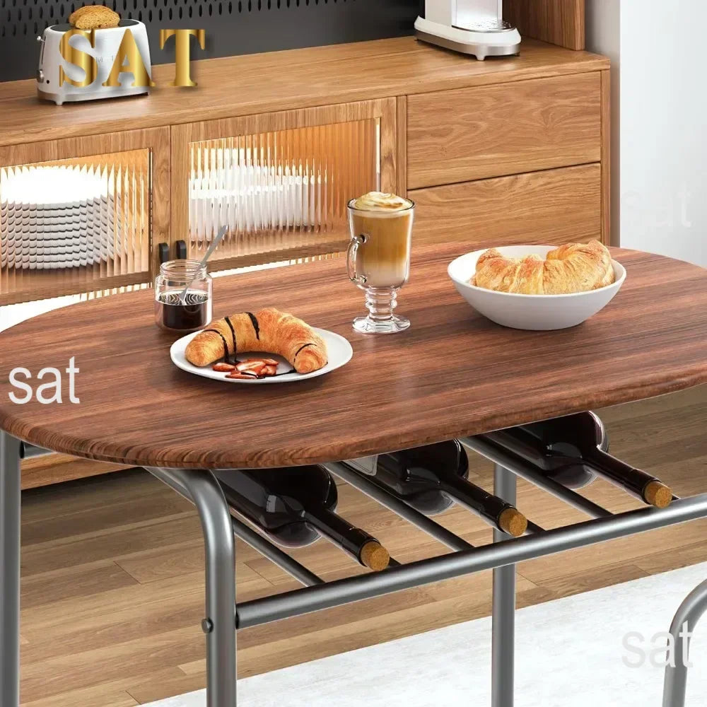v 3 Piece Small Round Dining Table Set for Kitchen Breakfast Nook, Wood Grain Tabletop with Wine Storage Rack, Save Space, 31.
