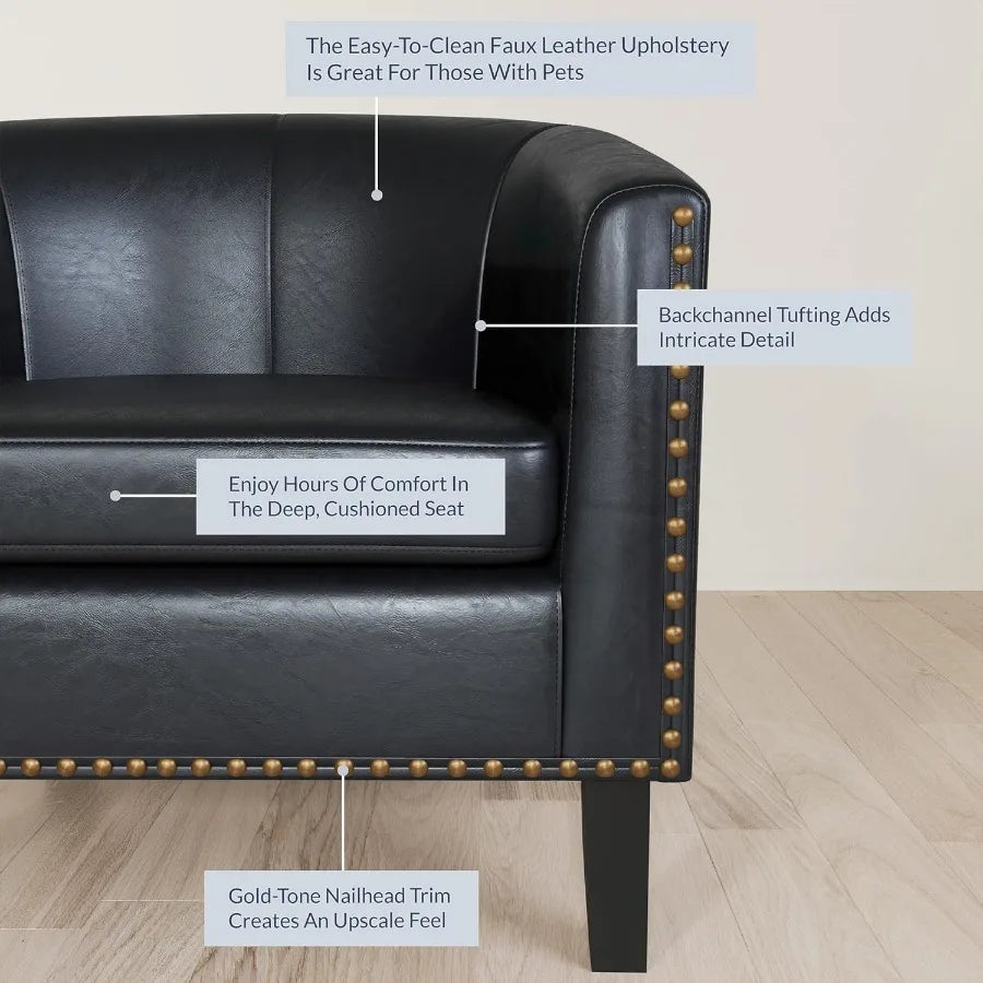Modern Accent Barrel Chair with Faux Leather Upholstery and Gold Nail Head Trim Black Legs Design for Living Room Bedroom Apart