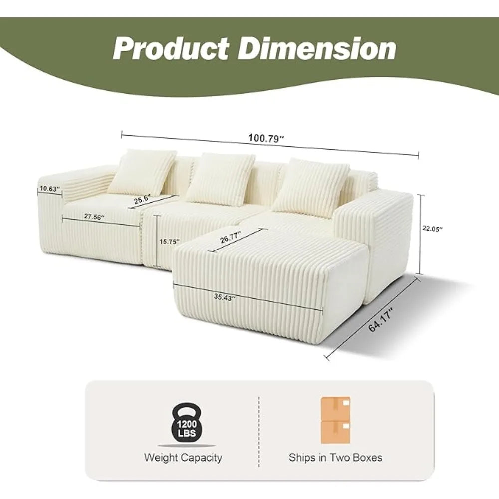 Boneless Cloud Modular Sofa with Memory Foam | L-Shaped Corduroy Couch | Chaise Lounge & Modern Upholstered Sofa