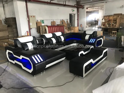 European Design Style LED Electric Sectional Sofa Set Top Microfiber Leather Home Furniture For Luxury Villa Living