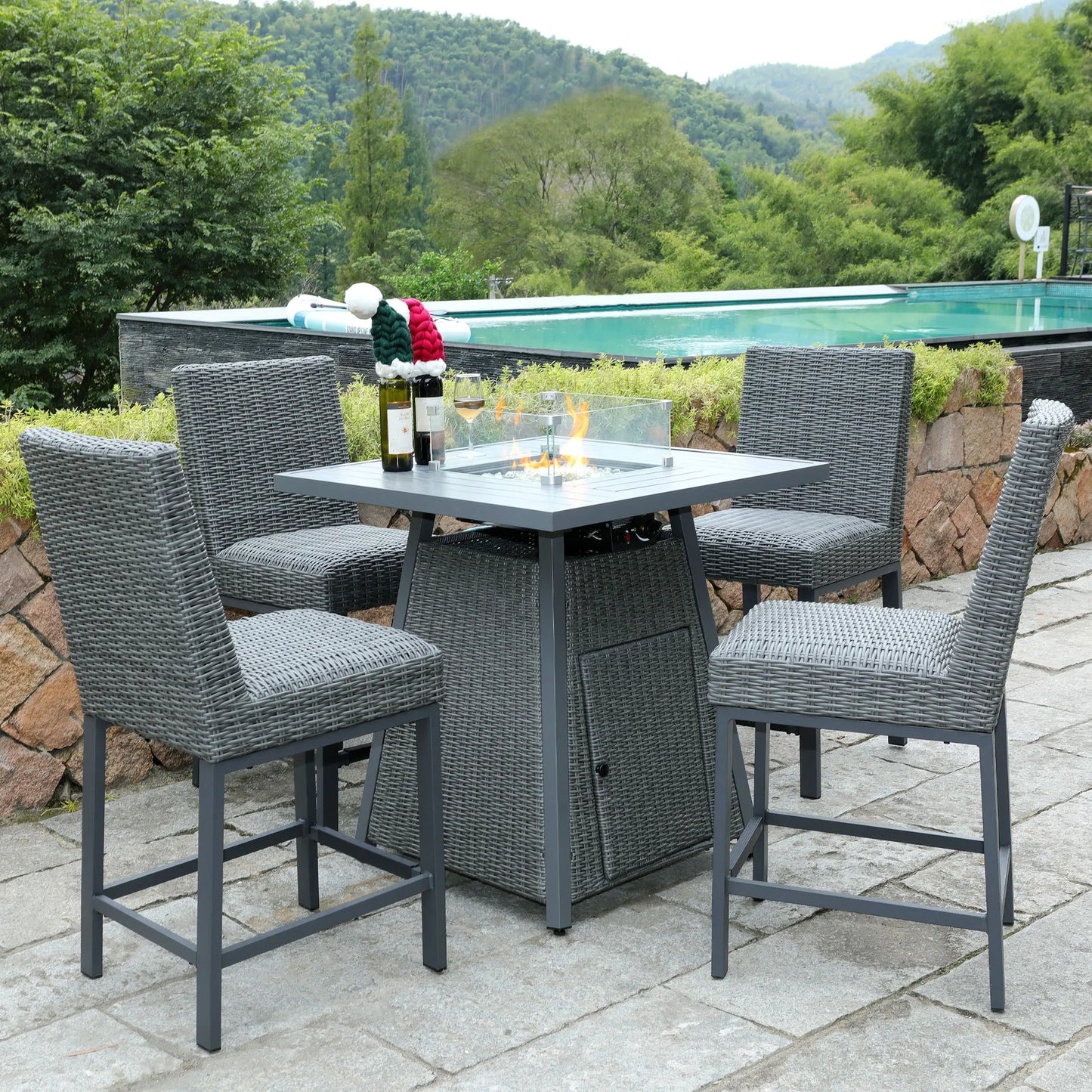 36" Square Fire Pit Table Outdoor Bar High Fire Tables Gas for Outside Patio Wicker Propane with Glass Fire Beads