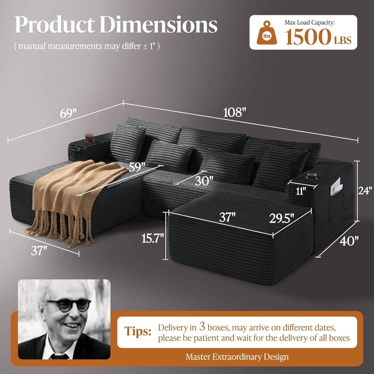 U-shaped Modular Sofa: Modern Minimalist Corduroy, No Assembly, Comfortable Living/Bedrooms (Black)