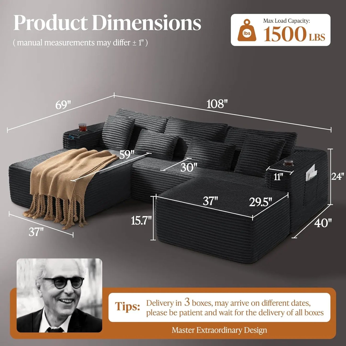 U-shaped Modular Sofa: Modern Minimalist Corduroy, No Assembly, Comfortable Living/Bedrooms (Black)