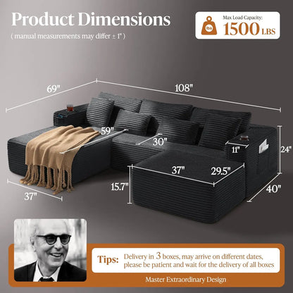 U-shaped Modular Sofa: Modern Minimalist Corduroy, No Assembly, Comfortable Living/Bedrooms (Black)