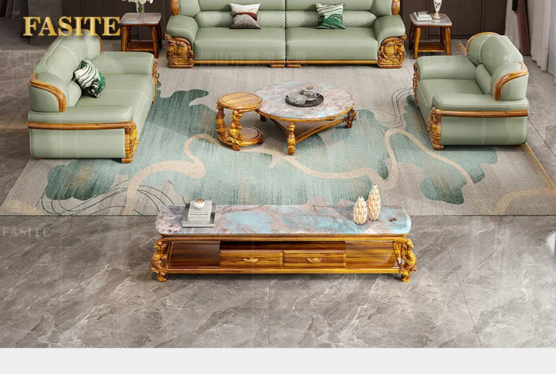 European ebony leather sofa large apartment luxury villa home living room new Chinese furniture solid wood carved fish