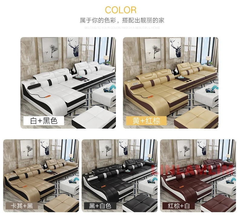 Sectional Sofa with Massage Chaise Lounge, Cup Holder, USB, Adjustable Headrests – Italian Genuine Leather Living Room Couch