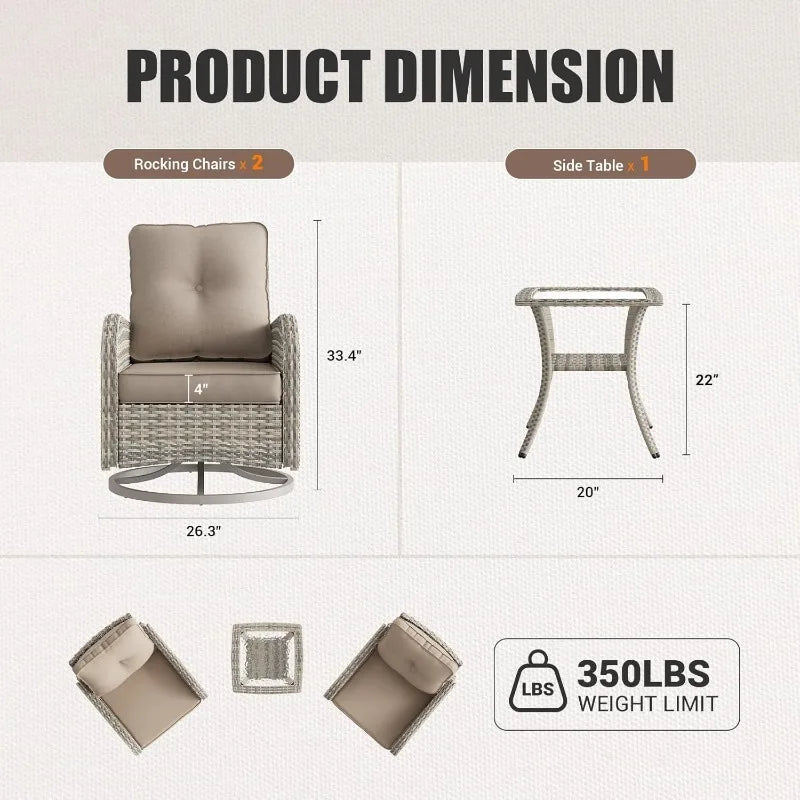 Patio Rocking Swivel Chair Outdoor Wicker Rattan Bistro Set with Tempered Glass Side Table, Outdoor Patio Furniture Set for Gard