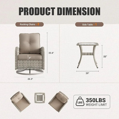 Patio Rocking Swivel Chair Outdoor Wicker Rattan Bistro Set with Tempered Glass Side Table, Outdoor Patio Furniture Set for Gard