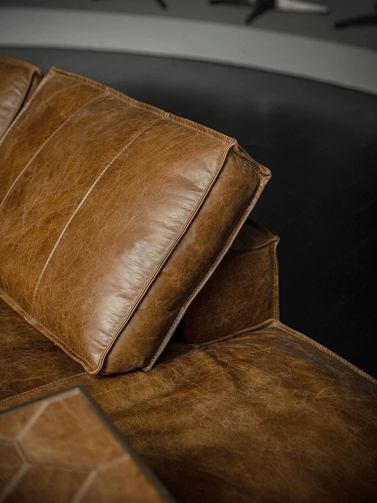 Classic retro style living room Budapest sofa, second-hand bed and breakfast oil wax leather special-shaped sofa