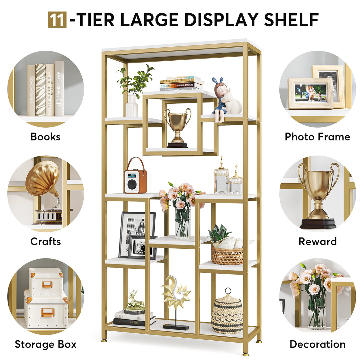 Tribesigns Bookshelf Bookcase, Gold 8-Open Shelf Etagere Bookcase with Faux Marble, Modern Book Shelves Display Shelf
