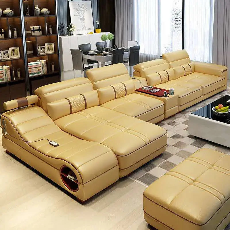 MINGDIBAO Modern Luxury Sectional Sofa Set with Chaise Lounge – Italian Genuine Leather Couch with Speakers, USB Port & Storage