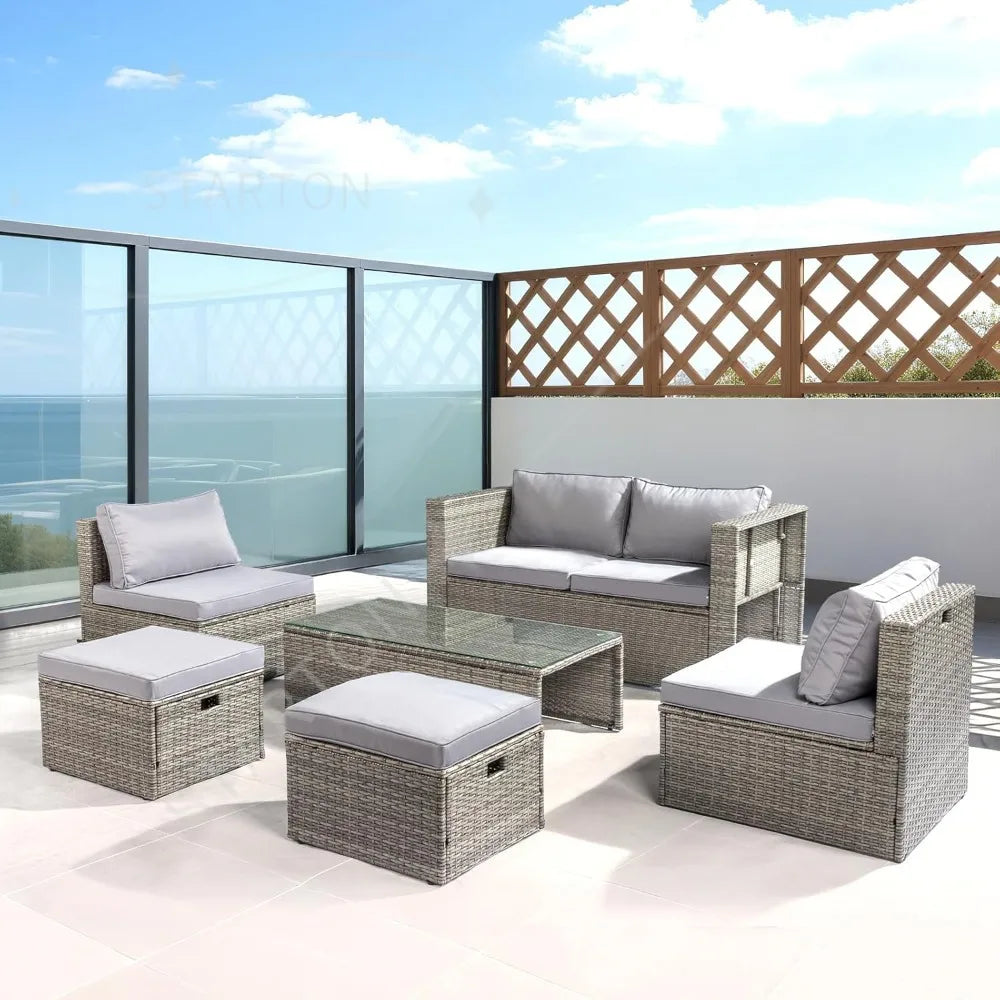 6-Piece Outdoor Wicker Sectional Furniture Set ，Space-Saving Design and Ottomans for Patio Conversation Area