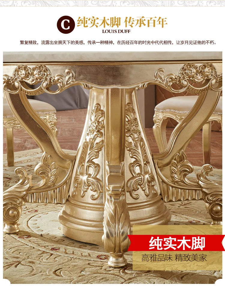 European white ice jade marble gold round dining table and chair combination European luxury solid wood dining table