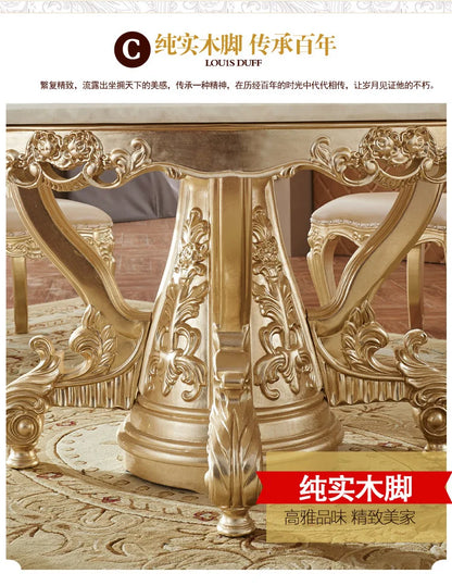 European white ice jade marble gold round dining table and chair combination European luxury solid wood dining table
