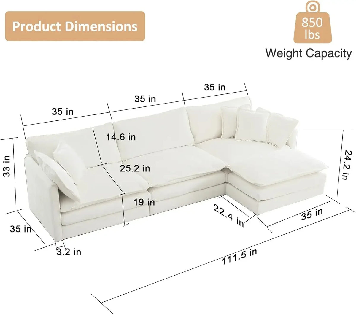 #For L-Shaped Modular Sectional Sofa, 3-Seater Comfy Cloud Couch with Ottoman/Chaise & 5 Pillows for Living Room Bedroom&