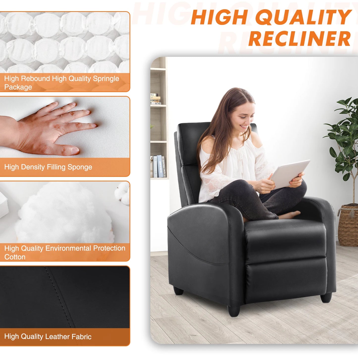 JHK Recliner Chair Massage Sofa Fabric Theater Lumbar Support Adjustable Modern Padded Seat Backrest Living Room Home Grey