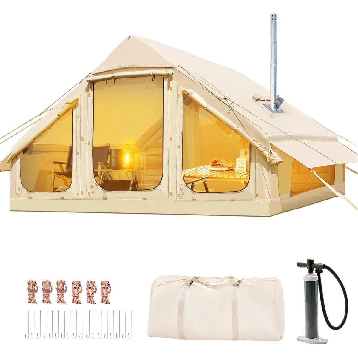 4-6 Person Inflatable Tent - Quick Setup Air Tent with Stove Jack, 420D Oxford (PU2000), 15cm Air Beams, 2 Doors & Windows