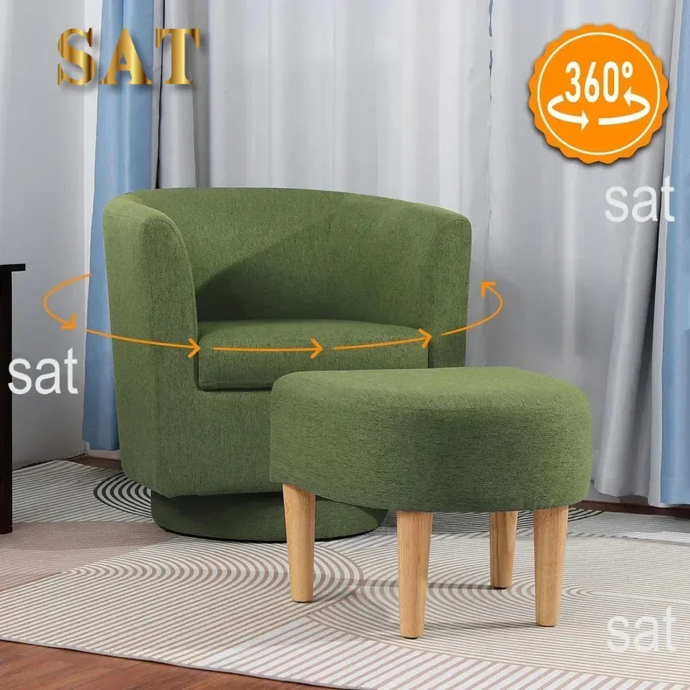 Chair Set of 2, Modern Swivel Chair with Ottoman, Comfy Armchair, Barrel Round Sofa Chair for Bedroom, Green