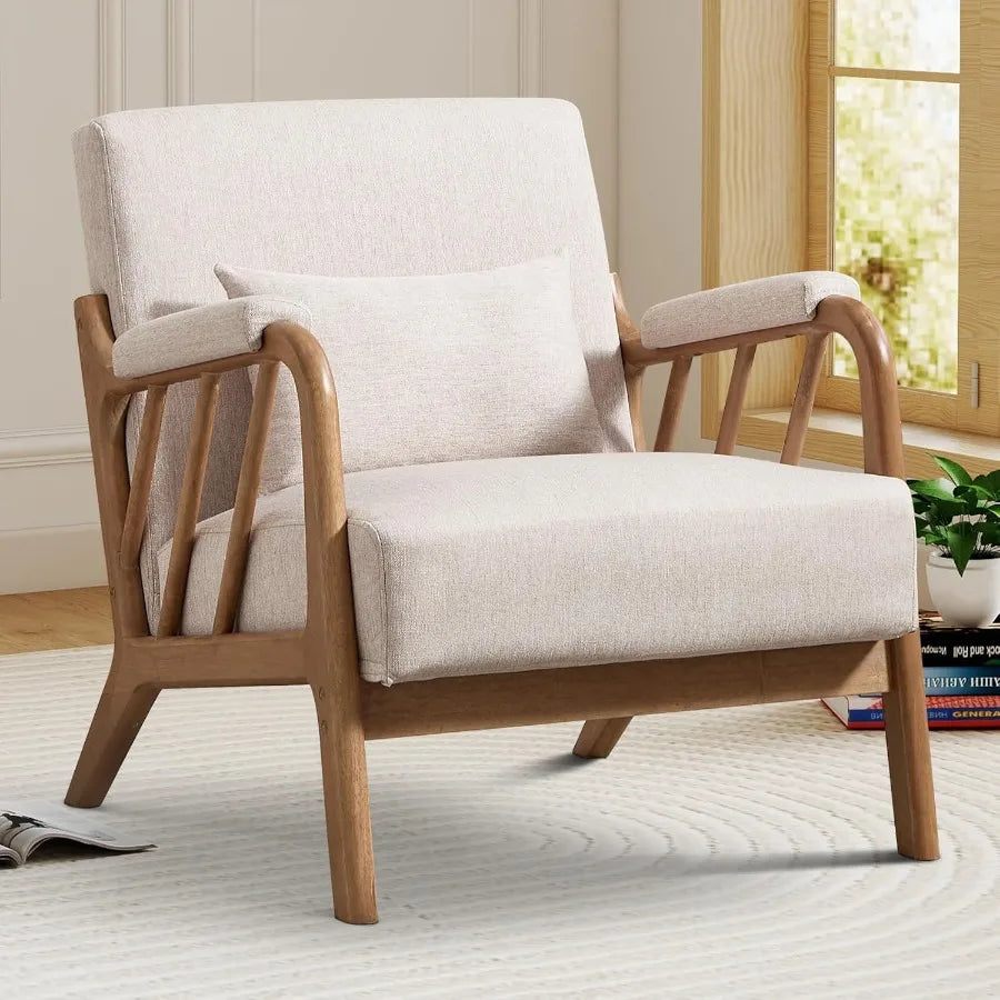 Mid Century Modern Accent Chair with Solid Wood Frame and Upholstered Design for Living Room or Bedroom Features Padded Arms Lu