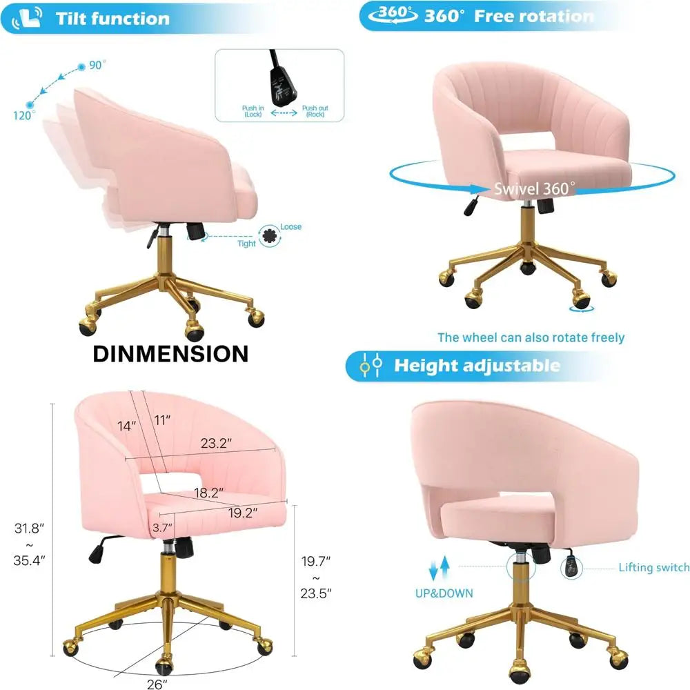 "luxurious swivel velvet desk chair with upholstered accent armchair, modern tufted design, gold base for women's office"