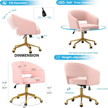 "luxurious swivel velvet desk chair with upholstered accent armchair, modern tufted design, gold base for women's office"