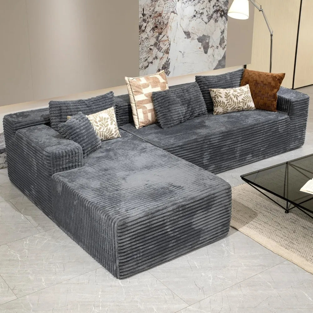 Grey sectional couches for Living Room-Corduroy Couch，104 Cloud Sectional Couch with L-Shape Chaise， Modern Modular Sofa, Deep S