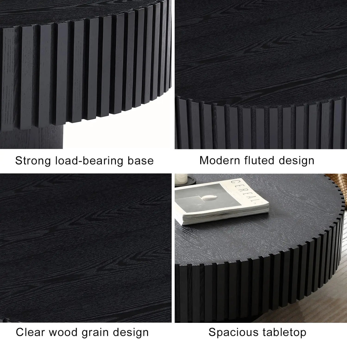Modern Wooden Coffee Table Round Black with Solid Wood Veneered, Circle Center Table Accent Tea Table for Living Room Apartment