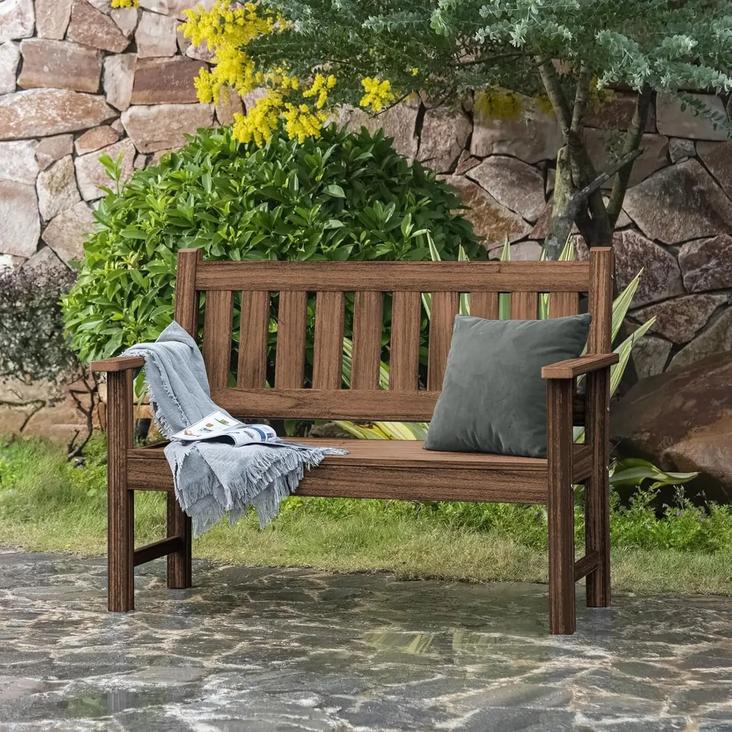 NEW-Outdoor Bench, 2-Person Garden Bench, Poly Lumber Patio Bench for Outdoors, Porch, and Park (Brown)