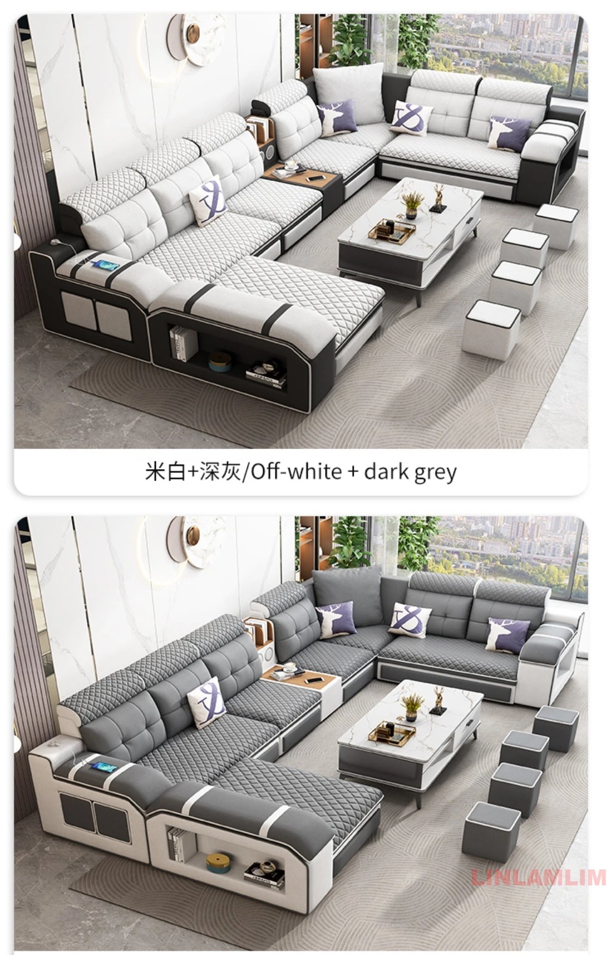 MANBAS Modern U-Shaped Fabric Sectional Sofa with Storage, Adjustable Headrests & USB Charging - Comfortable Quilted Upholstery