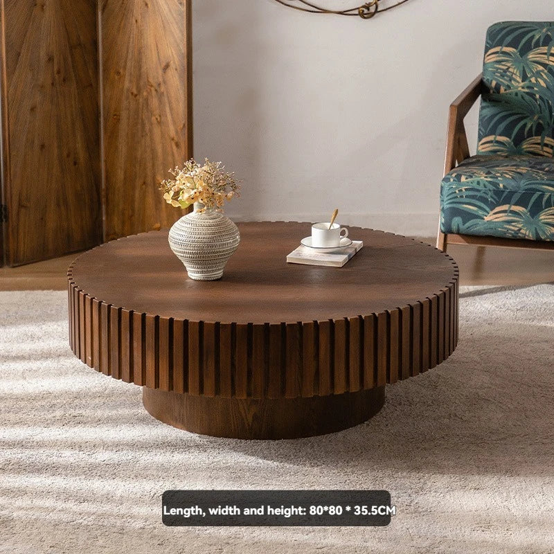 SS Modern Wooden Coffee Table Round Black With Solid Wood Veneered, Circle Center Table Accent Tea Table For Living Room Apartme
