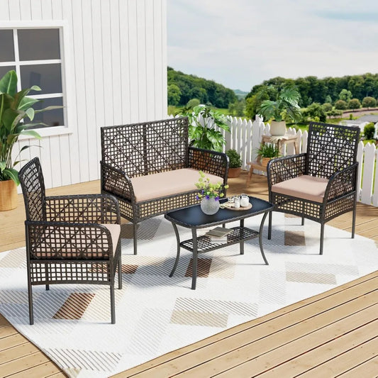 4-Piece Patio Furniture Set, Weather-Resistant Rattan Patio Conversation Set with Two-Tier Coffee Table, Upholstered Openwork Wi