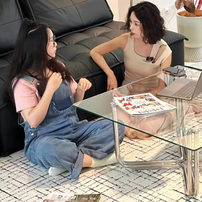 Light Luxury Tea Table Transparent Glass Tea Table Living Room Sofa Side Table Low Tea Tables Stainless Steel Square Side Tables