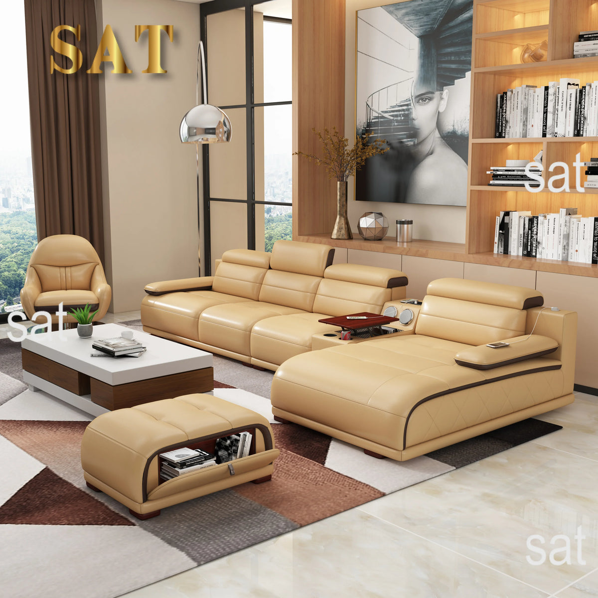 -Modern Living Home Furniture With Bluetooth Speaker L Shape Leather Sofa High Quality Living Room Sofa Combination